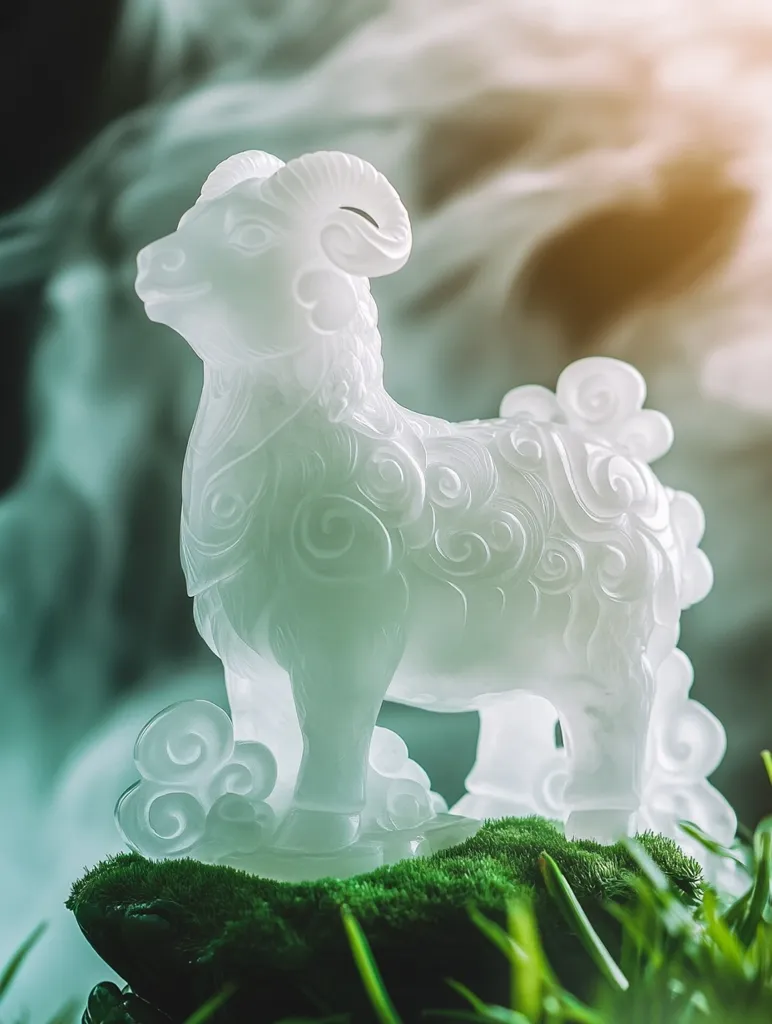 A delicate white jade sculpture of a ram stands on a bed of moss and grass. The ram is intricately carved with swirling patterns, and its horns are curled back. The image is bathed in soft light, creating a sense of tranquility and peace. The white jade symbolizes purity and grace.