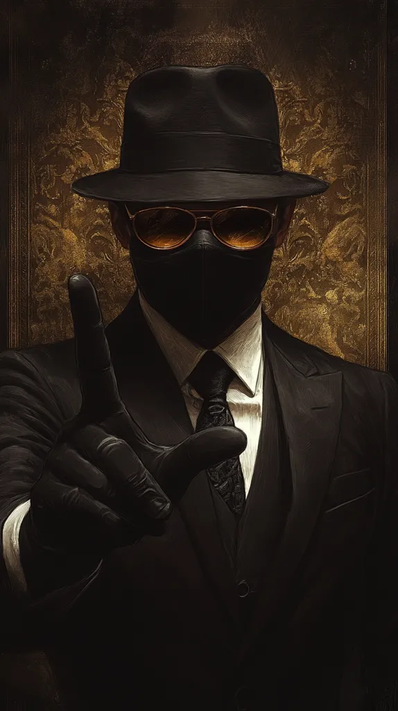 A man in a black suit, fedora, and sunglasses stands against a gold background. He is wearing a black face mask and has his right index finger pointing up.  The image has a dark and mysterious tone.  The man's face is obscured, creating a sense of intrigue.