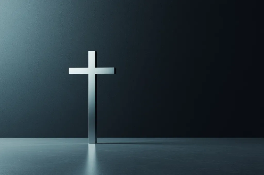 A silver cross stands alone in a dark room. The cross is the only source of light, casting a long shadow on the floor. The image creates a sense of isolation and contemplation. The darkness of the room suggests mystery and the unknown. The cross is a symbol of hope and faith. The image is simple yet powerful, evoking a range of emotions.