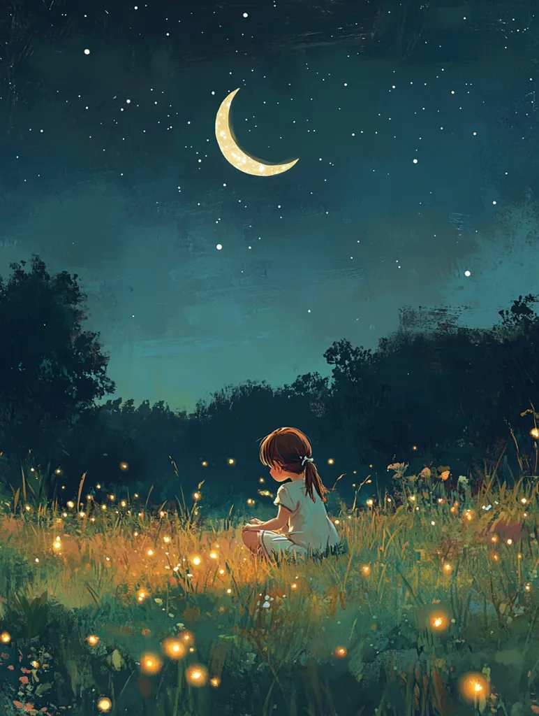 A young girl in a white dress sits in a grassy field, gazing at a crescent moon in a starry night sky. The field is lit by a scattering of twinkling fireflies, adding a magical touch to the scene. The girl's posture and the soft light create a sense of tranquility and wonder.  The image evokes a feeling of peace and the beauty of nature.