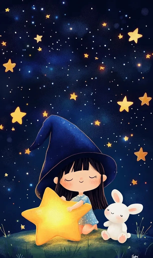 A cute girl with a blue witch hat is holding a glowing yellow star. She is sitting on grass with a white rabbit beside her, under a night sky full of stars. The girl has her eyes closed and a peaceful expression on her face, suggesting a sense of wonder and tranquility. The overall image evokes a sense of childlike joy and the magic of a starry night.