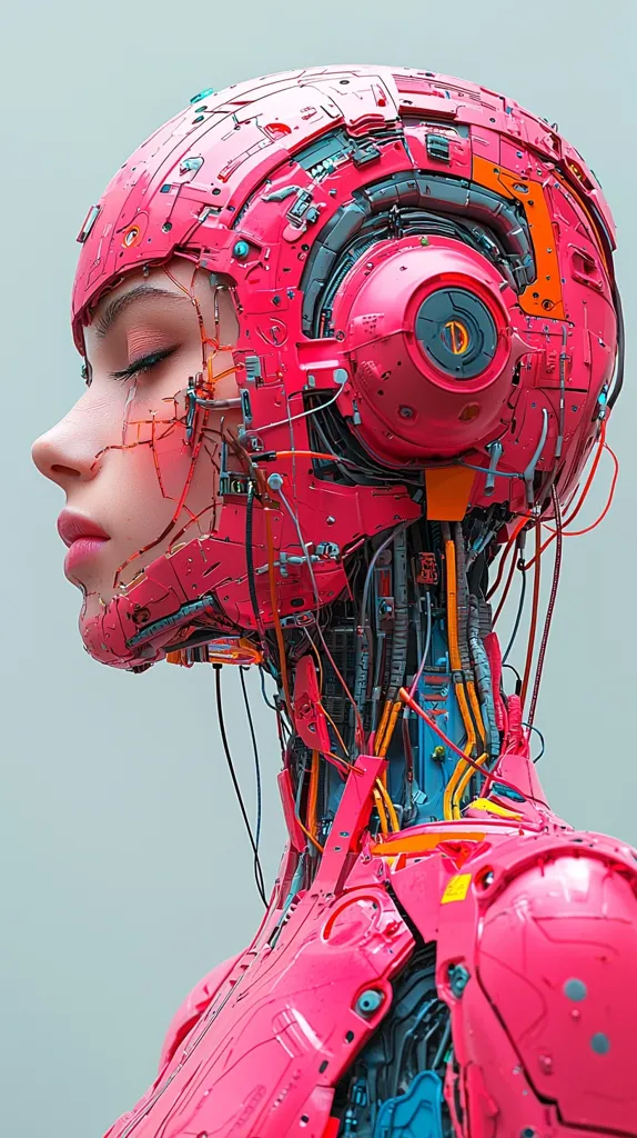 A humanoid robot with a pink, intricate, and mechanical head, featuring a circular panel with a small black circle in the center. The robot's body is a complex system of wires, pipes, and gears, showcasing an array of vibrant colors like pink, orange, and blue. The robot's face is partly exposed, with the eyes closed and a soft expression. The image portrays a futuristic and cybernetic aesthetic.