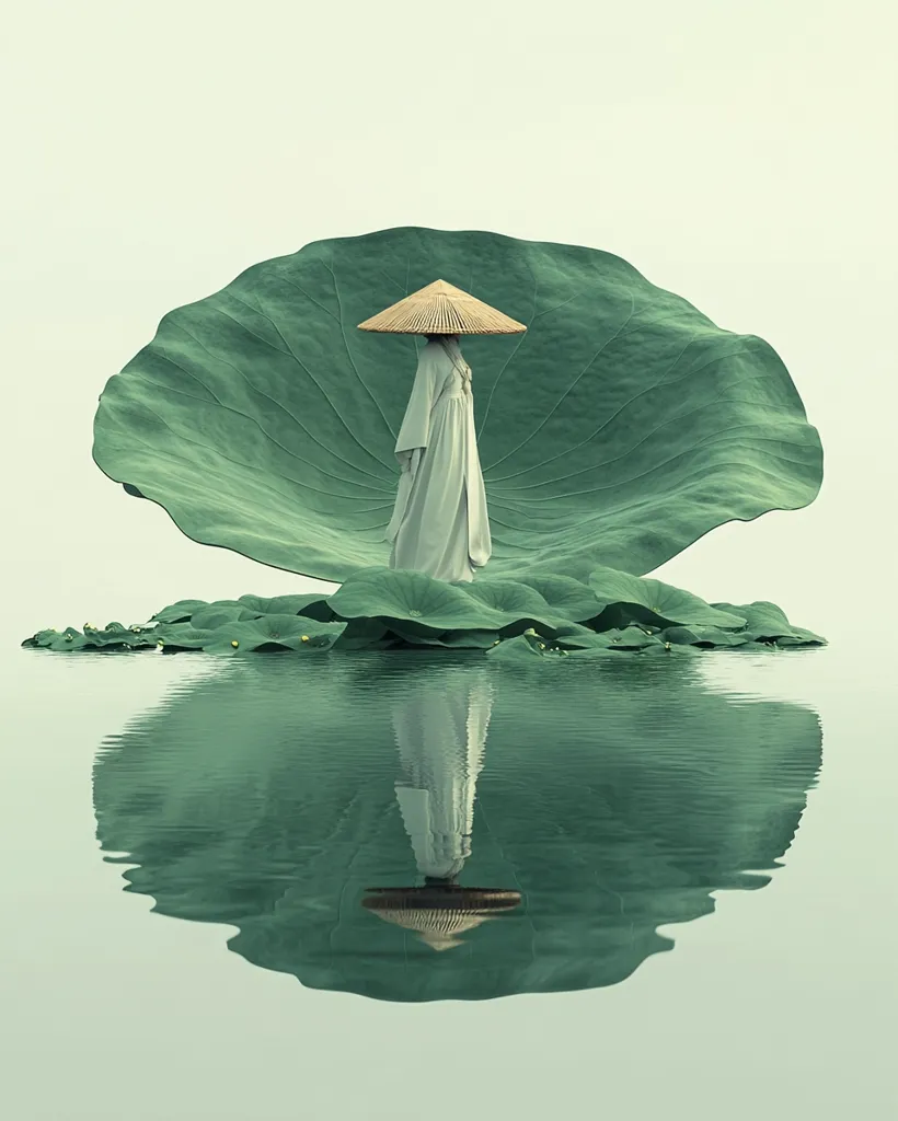 A lone figure, dressed in a white robe and a wide-brimmed hat, stands on a giant lotus leaf. The leaf sits atop a pond, and its reflection fills the water below. The minimalist composition evokes a sense of peace and tranquility. The muted green and white tones create a calming atmosphere. The image is reminiscent of traditional Asian art and culture.