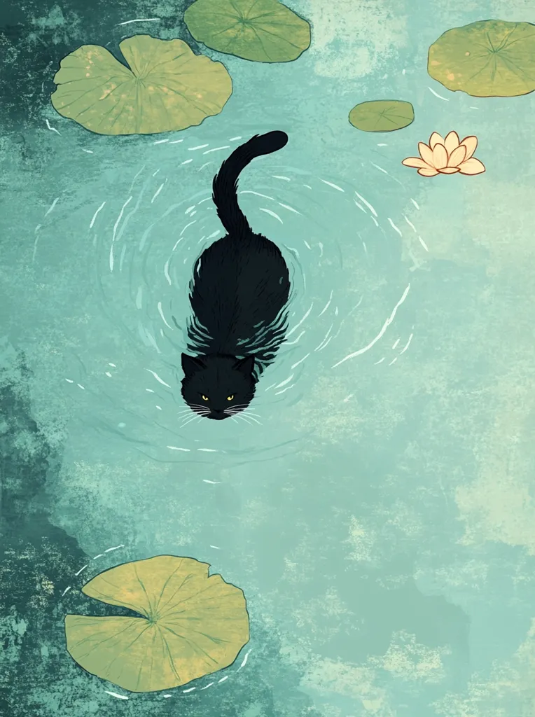A black cat with piercing yellow eyes swims in a pond surrounded by lily pads. The cat is positioned in the center of the image, its body submerged in the clear blue water.  Lily pads, their green leaves contrasting against the blue, float around the cat.  The image captures a serene moment of a cat enjoying a refreshing dip in the pond.