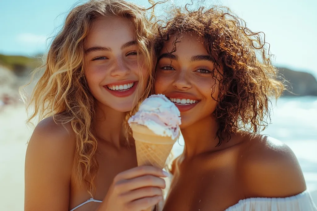 Two young women, one with blonde wavy hair and the other with dark curly hair, are smiling brightly at the camera. They are holding a large ice cream cone between them, with a pink and white ice cream. They are both wearing summery clothing and seem to be enjoying a day at the beach. The sun is shining brightly and the background is a blurred out beach scene. The image captures a sense of joy and friendship.