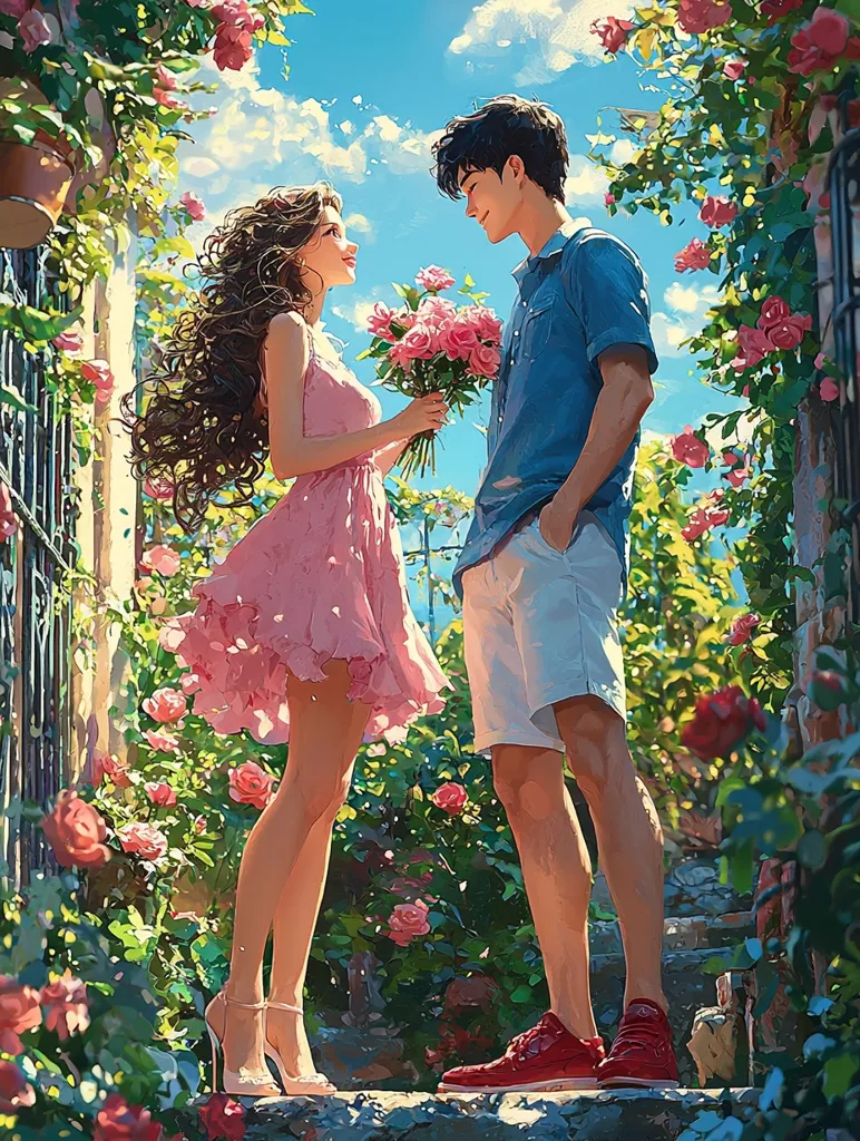 A young couple stands amidst a lush garden filled with pink roses. The woman, with long flowing brown hair, wears a pink dress and high heels, while the man, with dark hair, is dressed in a blue shirt and white shorts. They hold a bouquet of pink roses and gaze into each other's eyes, creating a romantic and sweet atmosphere. The vibrant colors and playful light add to the scene's overall charm.