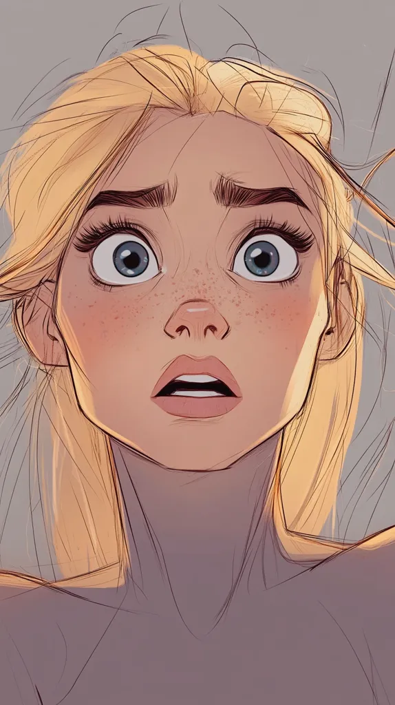 The image is a close-up portrait of a young woman with long blonde hair. She has large blue eyes and a surprised expression on her face, with her mouth slightly open. Her skin is pale and she has freckles scattered across her cheeks and nose.  Her eyes are wide with worry or fear. The image is drawn in a cartoonish style with soft, warm colors. The background is a soft gray.