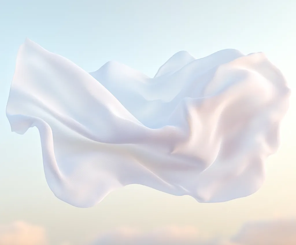 A flowing white fabric, possibly silk or chiffon, billows in the air. The fabric is soft and delicate, with a slightly iridescent sheen. It's captured against a soft, light blue sky. The image evokes a sense of lightness, purity, and ethereal beauty. The absence of any other objects or features allows the fabric to be the sole focus, making it a captivating and elegant composition.
