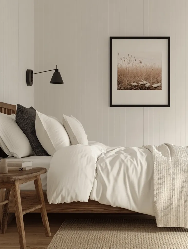 A minimalist bedroom with a bed made with white linen sheets and a white knit blanket.  The bed sits against a wood-paneled wall. A wood side table with a stack of books sits near the bed. A framed picture of a field of grass hangs above the bed. A wall-mounted black lamp sits on the wall.  The floor is a light brown wood with a woven rug. The overall design is simple and serene.