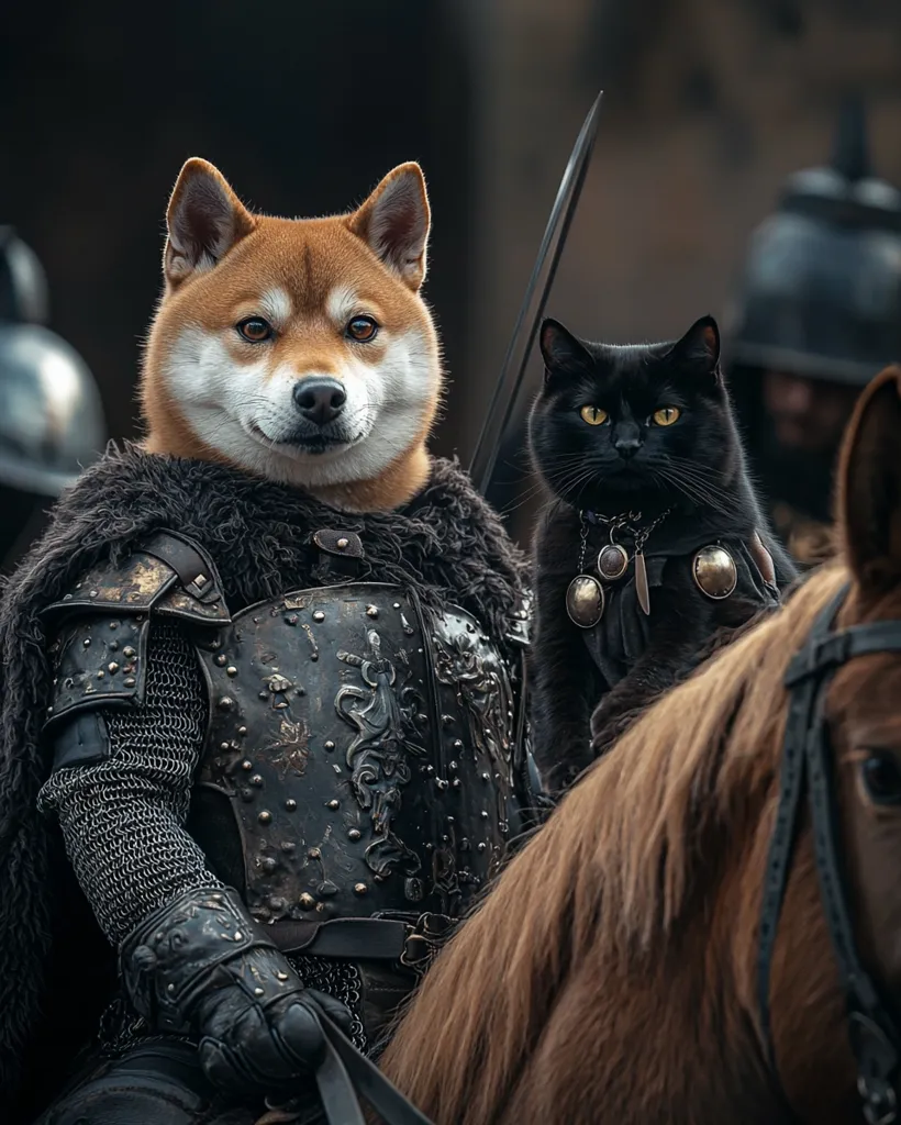 A Shiba Inu dog, clad in medieval armor and riding a brown horse, is accompanied by a black cat wearing a jeweled collar. The dog's serious expression and the cat's watchful gaze suggest a sense of determination and adventure. The scene is set against a backdrop of a dark, almost shadowy, forest.