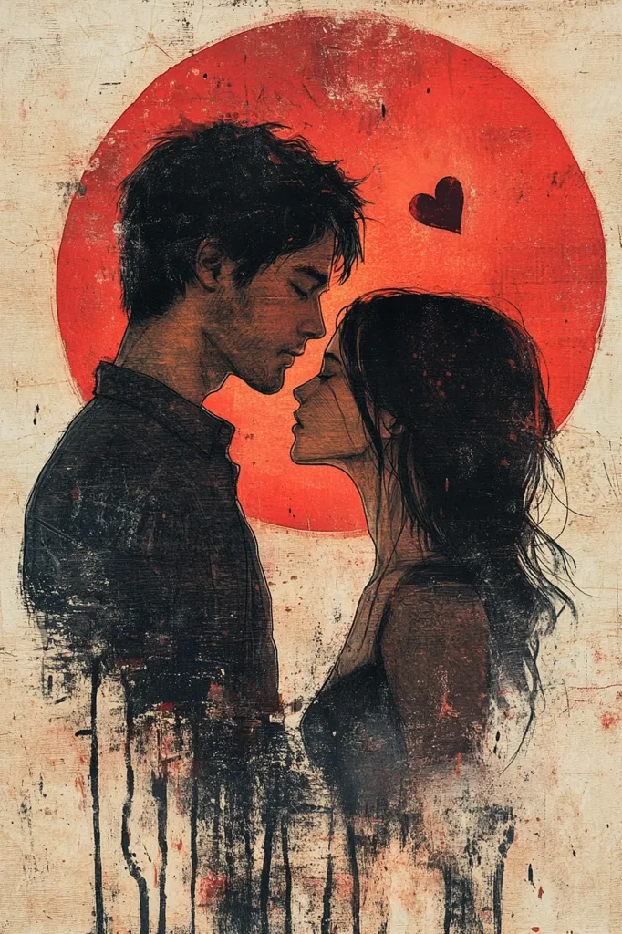 The image depicts a man and woman standing face-to-face, about to kiss. They are silhouetted against a large red circle, possibly a sunset or a rising sun. The background is textured with splotches of red, white, and black, giving the image a grungy, romantic feel. A small red heart appears above the couple's heads, symbolizing their love. The artwork captures a moment of intimacy and passion, with the red circle adding a dramatic and evocative element.