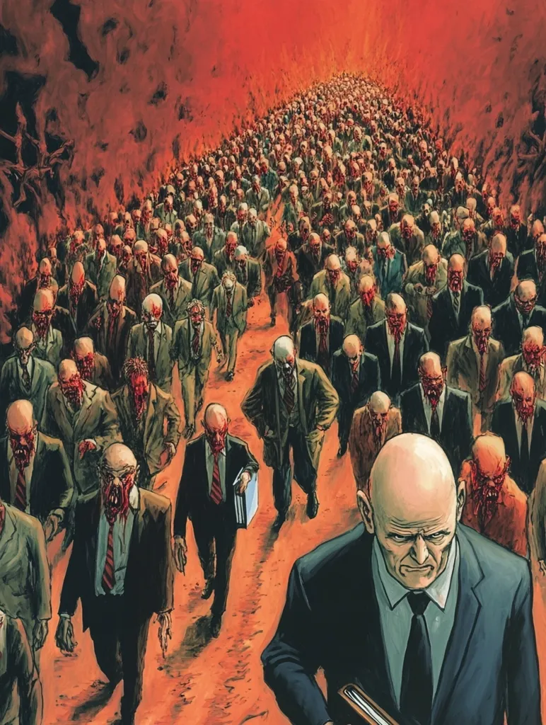 A large crowd of men, dressed in business suits, walk in a seemingly endless line through a fiery, red landscape. Their faces are contorted in pain and their mouths are dripping with blood, suggesting they are suffering from a terrible ailment. In the foreground, a man in a black suit, with a blank expression, stands out against the crowd, holding a book and looking directly at the viewer. The image has a dark and unsettling atmosphere.