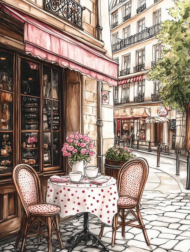 A watercolor painting depicts a Parisian street scene. A charming cafe with a pink awning and a window display of pastries sits on a cobblestone street. A small table with a red and white polka-dot tablecloth is set for two, with two wicker chairs. A vase of pink flowers adds a touch of color. The building across the street has a classic Parisian facade with balconies and windows.  The overall atmosphere is quaint and inviting.