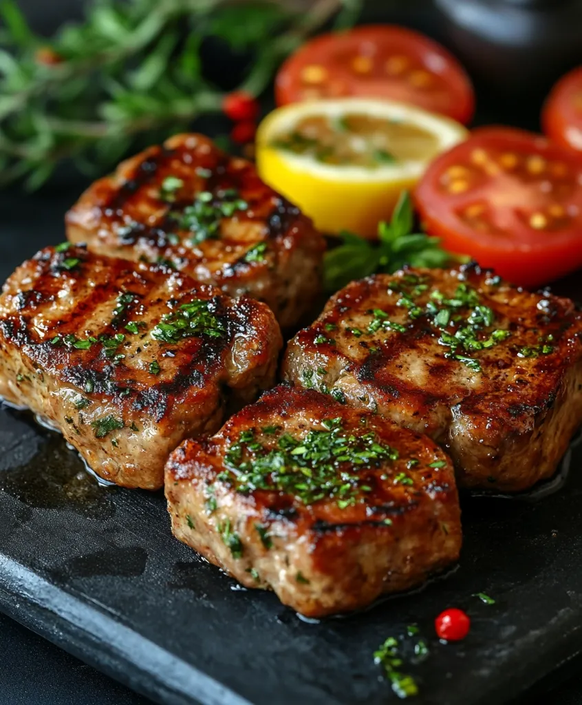 Four juicy, grilled pork medallions are arranged on a black slate plate. They are topped with fresh herbs and surrounded by a scattering of peppercorns. A slice of lemon and tomatoes provide a colorful backdrop. The meal is perfectly cooked, with a crispy exterior and tender, juicy interior.  The plating is simple yet elegant, showcasing the deliciousness of the dish.