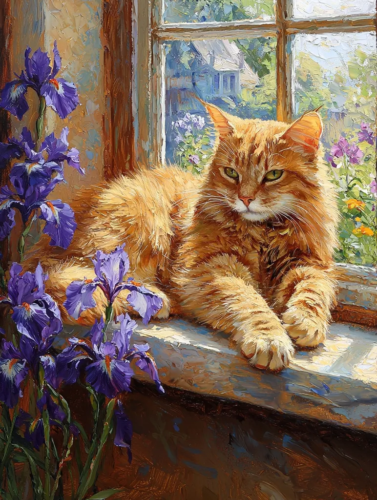A fluffy orange cat rests on the windowsill of a rustic window, its paws outstretched.  It gazes out at a sunny garden scene through the open window, with a bouquet of purple irises in the foreground. The light streaming in paints the scene in warm hues, creating a cozy and inviting atmosphere.  The cat's relaxed pose and the vibrant colors evoke a sense of peace and tranquility.