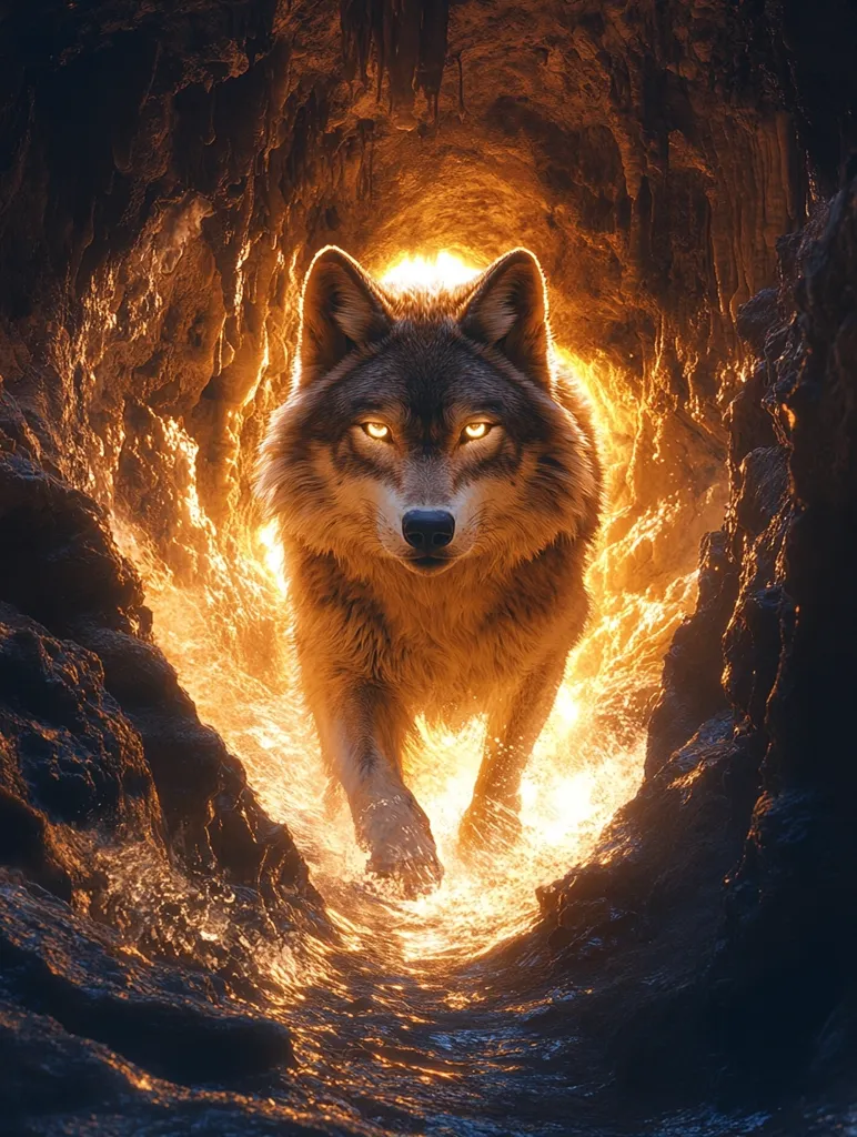 A wolf emerges from a dark, rocky cave. It walks on a stream of golden light that shines through the opening of the cave. The wolf's fur is illuminated by the bright light, making its eyes glow. The image evokes a sense of mystery, power, and the unknown.