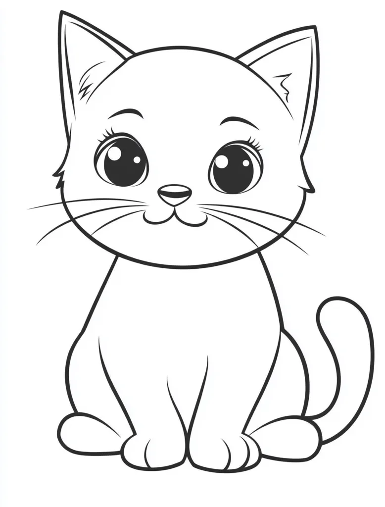 The image is a line drawing of a cat sitting with its legs tucked underneath it. The cat has large, round eyes, a small nose, and a wide, smiling mouth. The outline is simple and child-like, making it suitable for coloring.  The cat's tail curls around to the side.