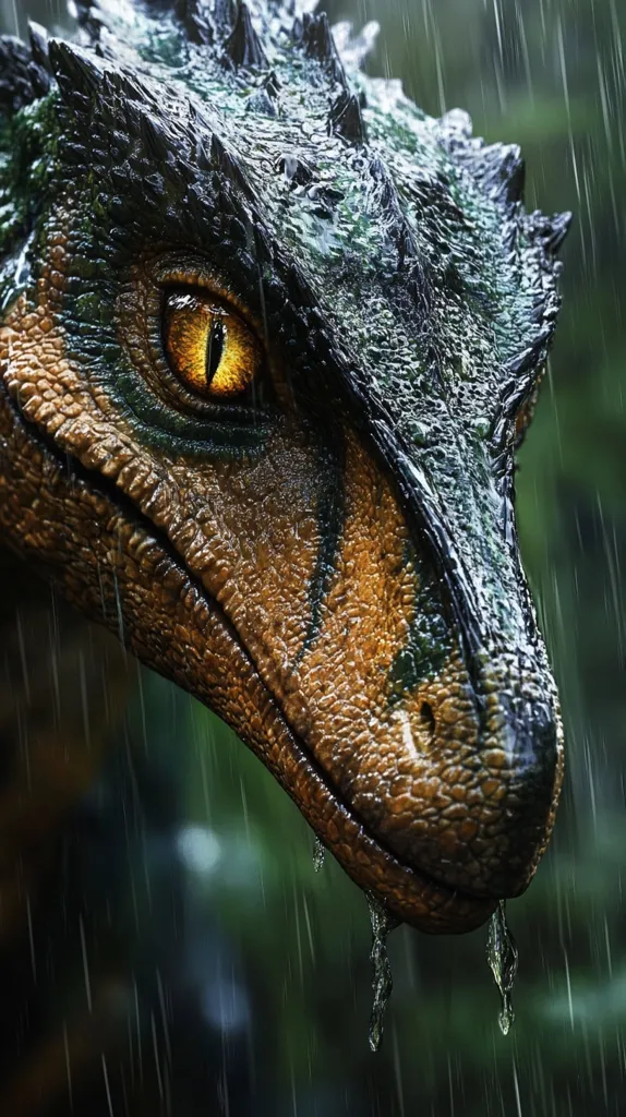 A close-up shot of a dinosaur's head, with rain falling around it. The dinosaur has a green and brown scaly hide, a large eye with a golden iris, and a long snout. The rain creates a hazy and dramatic effect, making the dinosaur seem more imposing. Water droplets cling to its skin and fall from its jaw, emphasizing the wetness of the environment. The dinosaur's fierce expression and the rain's relentless fall create a sense of primal power and danger.