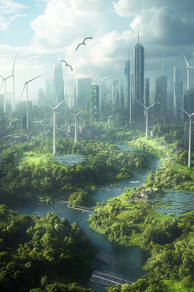 A futuristic city blends seamlessly with nature. Skyscrapers stand tall, surrounded by lush greenery, rivers, and winding paths. Wind turbines dot the landscape, providing clean energy. Birds soar through the cloudy sky, adding a touch of tranquility. Solar panels are integrated into the environment, showcasing a harmonious balance between urban development and sustainability. The overall atmosphere is serene and hopeful, suggesting a future where technology and nature coexist in perfect harmony.