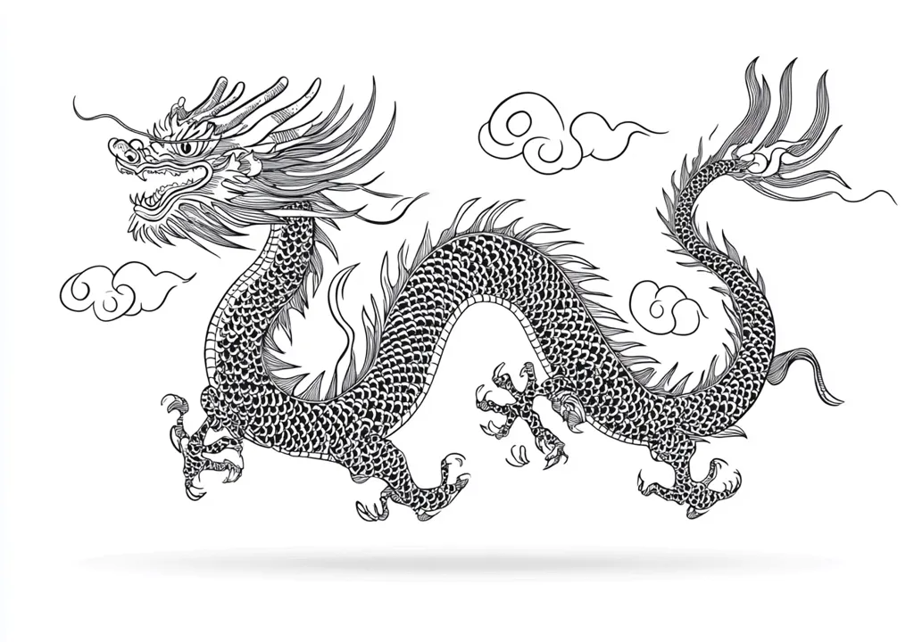 The image depicts a black and white drawing of a Chinese dragon. It is a traditional style illustration with intricate details. The dragon is depicted in a dynamic pose with its head turned to the side and its tail curled around its body. It is surrounded by clouds, which are a common motif in Chinese art. The dragon is a powerful symbol in Chinese culture, representing strength, good luck, and prosperity.