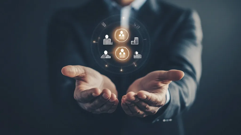 A person wearing a suit is holding their hands open, palms facing upwards. A glowing circle with icons depicting people and buildings hovers above their hands, creating the impression of a virtual connection or network.  The image evokes a sense of connection, collaboration, and technology.