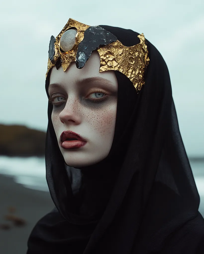A woman with pale skin and freckles wears a black head covering and an ornate golden crown adorned with a large white gemstone. Her eyes are wide and her lips are painted a deep red. The background is a blurred gray, suggesting a desolate or mysterious setting. The overall mood is dark and dramatic.