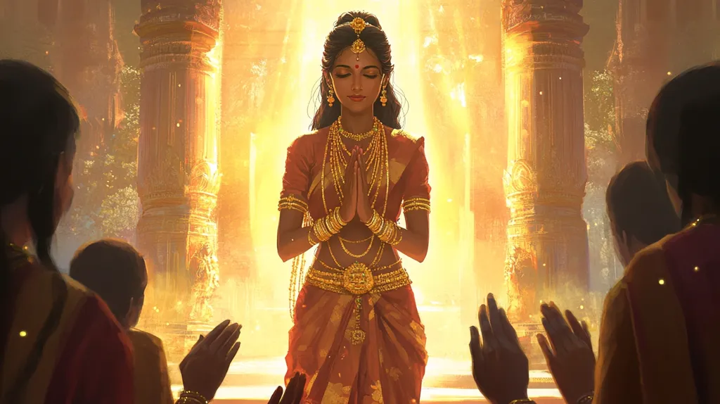 A woman adorned in gold jewelry and a red sari stands in a golden temple, her hands clasped in prayer. The warm light of the setting sun bathes the scene in a soft glow. Two figures on either side of her watch respectfully, their hands raised in a gesture of worship. The scene evokes a sense of reverence and spirituality.