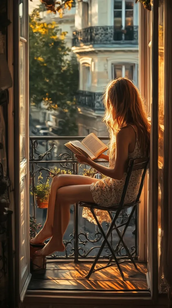 A young woman sits on a balcony, bathed in the warm glow of the setting sun. She holds a book in her hands, engrossed in the story. The ornate iron railing and the sun-drenched wooden floor create a sense of tranquility. The city beyond the balcony is a blur of buildings and trees, providing a backdrop to her peaceful moment of solitude.  The scene is filled with a sense of calm and contentment, as the woman enjoys a quiet moment to herself.