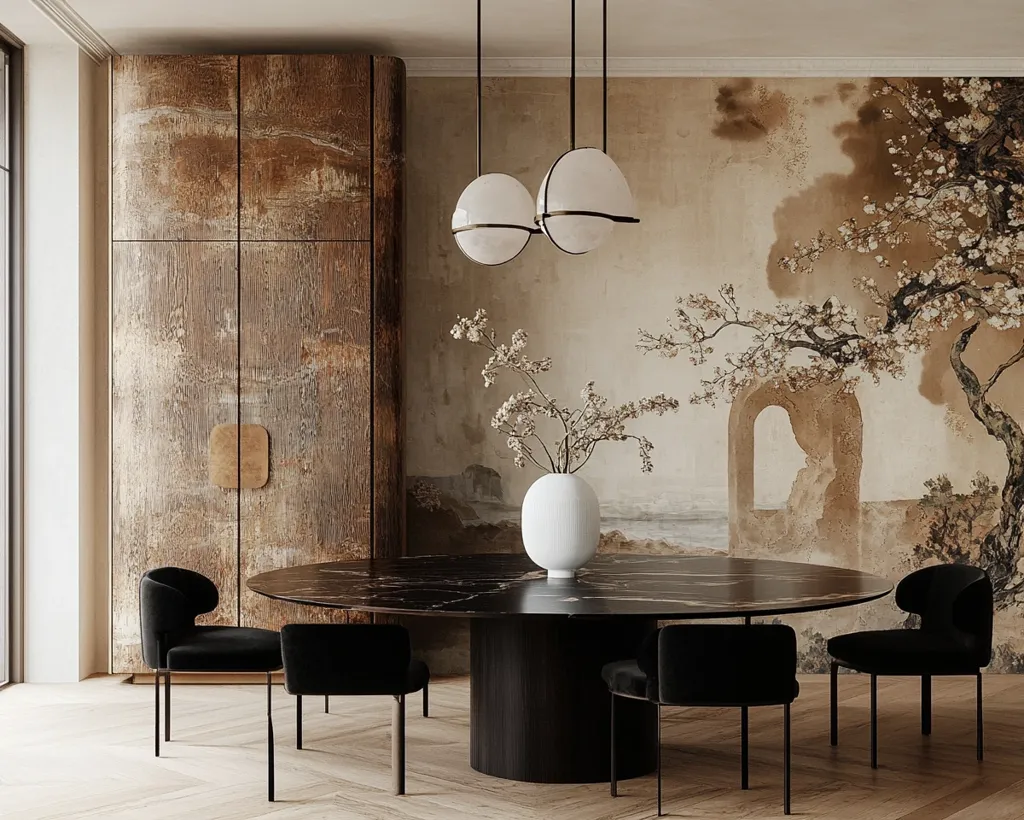 The image shows a modern dining room with a large, round black marble table and four black chairs with a unique, organic shape. The room features a large wooden cabinet with a distressed finish, and the wall is decorated with a muted, landscape mural that features a tree with blooming flowers. Three pendant lights with orb-shaped shades hang above the table, casting a warm glow. The light wooden floors and the overall neutral color palette create a serene and elegant atmosphere.