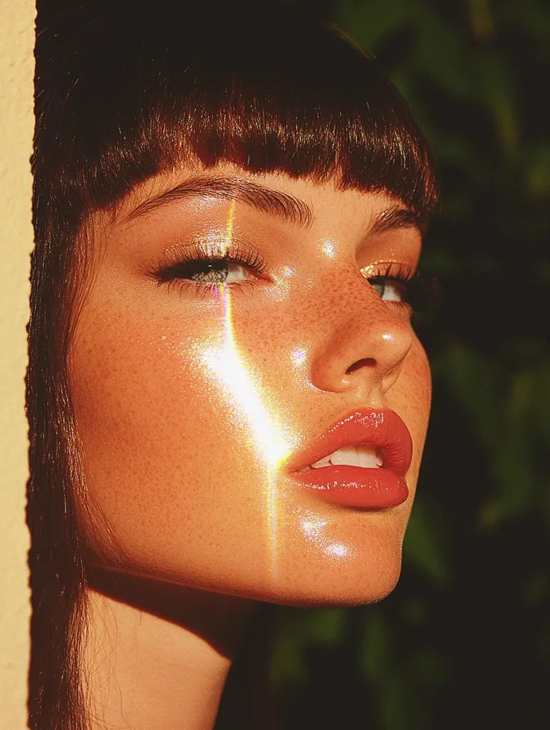The image features a close-up of a young woman's face, illuminated by a shimmering beam of light. Her dark hair frames her face, with bangs covering her forehead. She has large, expressive eyes with a hint of blue. The light casts a radiant glow on her skin, highlighting her freckles and highlighting her full, pink lips. The image evokes a sense of beauty, innocence, and the warmth of the sun.