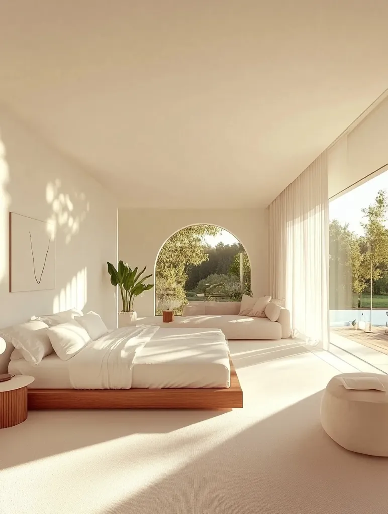 The image shows a modern bedroom with a minimalist aesthetic. A large bed with a wooden frame sits in the center of the room, facing a large window. The window is arched and offers a view of a lush green garden. The room is decorated in a neutral color palette with white walls, white bedding, and a light wooden floor. Natural light floods the room, casting soft shadows on the walls and furniture.