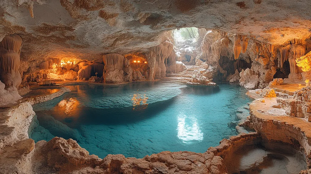 A natural pool of clear, turquoise water sits nestled in a large, cavernous cave. The cave walls are adorned with intricate stalactites and stalagmites, while the pool reflects the light filtering through the opening above. The scene is serene and tranquil, offering a glimpse into a hidden natural wonder.