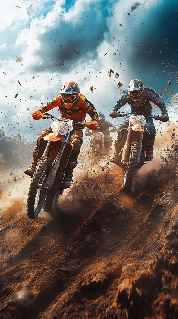 Three dirt bike riders race through a dusty track, kicking up dirt and debris. The rider in the lead is wearing an orange and black suit, and the other two riders are wearing blue and white suits. The sky is bright blue with fluffy white clouds. The scene is full of action and excitement.