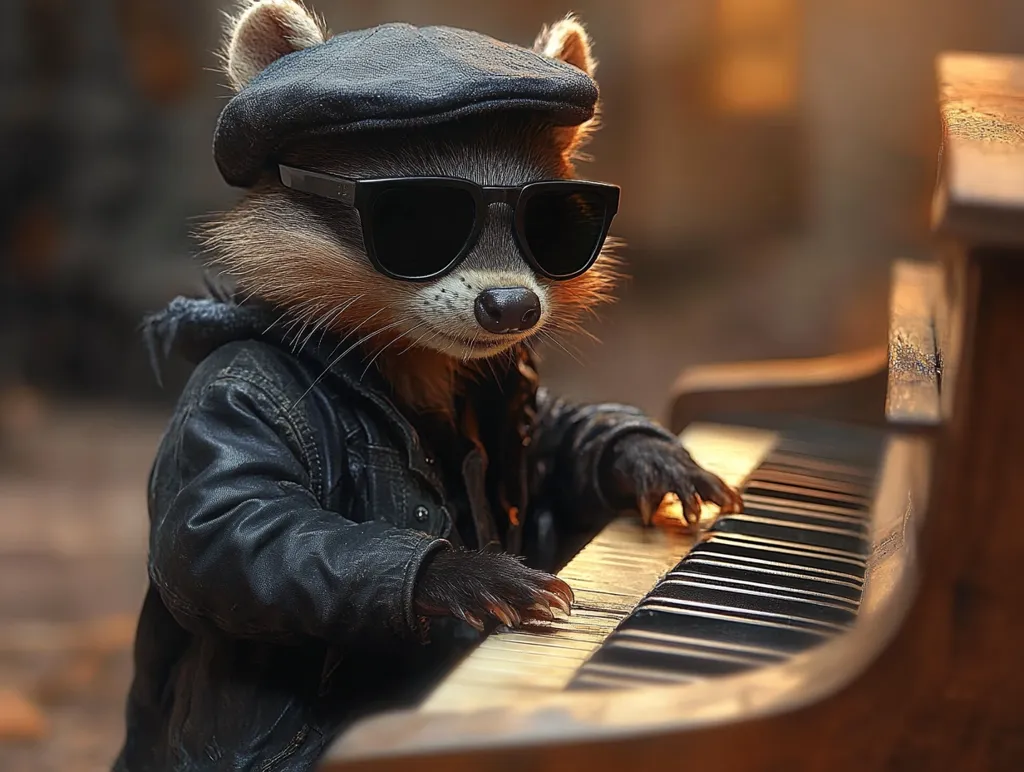 A raccoon wearing a black leather jacket, sunglasses and a newsboy cap sits at a piano. The raccoon is looking directly at the viewer.  The piano is wooden with black keys. The raccoon is playing the piano with its right paw, while its left paw rests on the keys.  The background is blurry, focusing on the raccoon and piano.