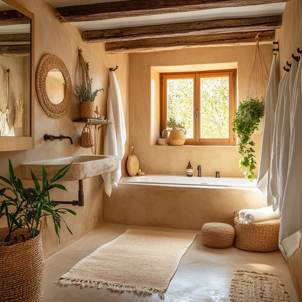 This bathroom is decorated with a minimalist, natural aesthetic. The walls are a warm beige, and the wooden beams add rustic charm. The bathtub is sunken into the wall, and the stone sink is perched on a custom-built stand.  The windows are large and let in plenty of natural light, and the room is decorated with plants and natural fibers. It evokes a sense of peace and tranquility.