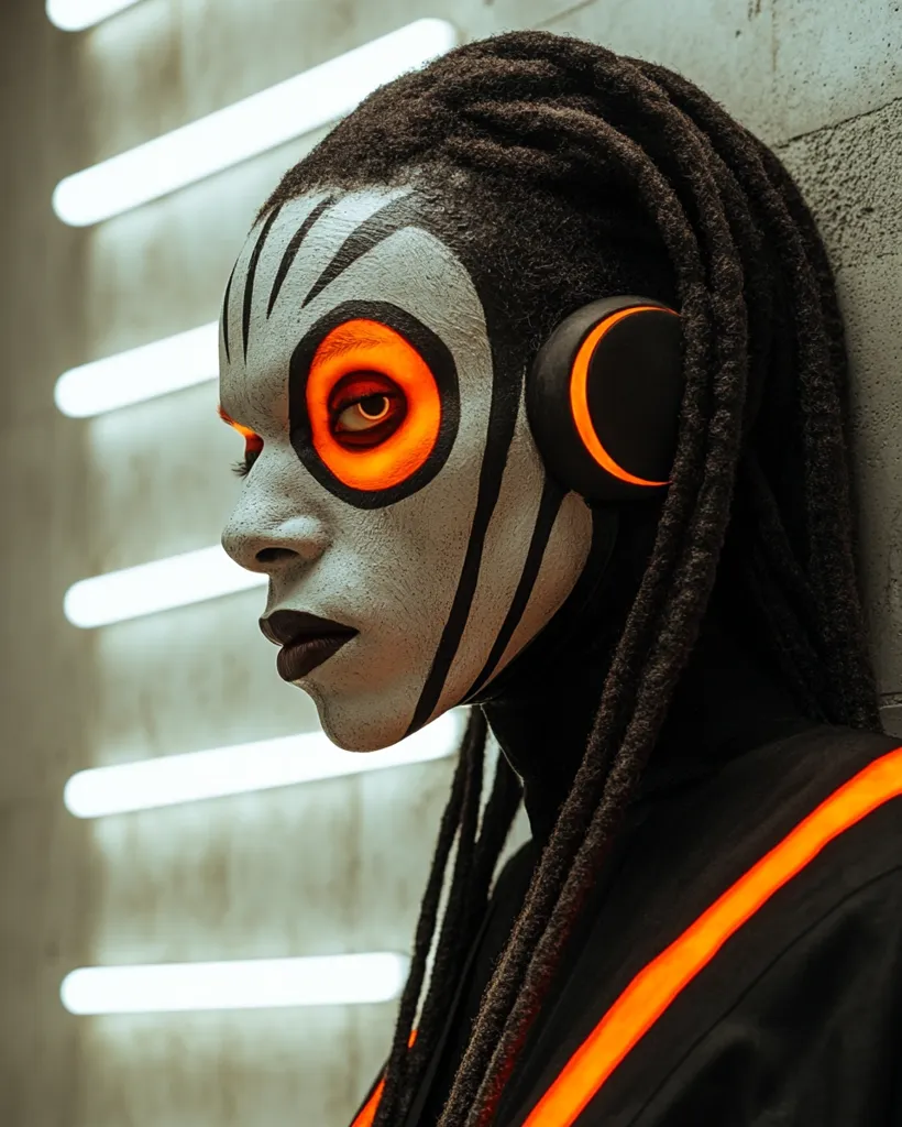 A person with long dreadlocks and black clothing is pictured in profile. They have black and white face paint with a large orange circle around one eye. They have a futuristic headset on one ear. The background is a wall with white fluorescent lights. The image is in a dark, moody style.