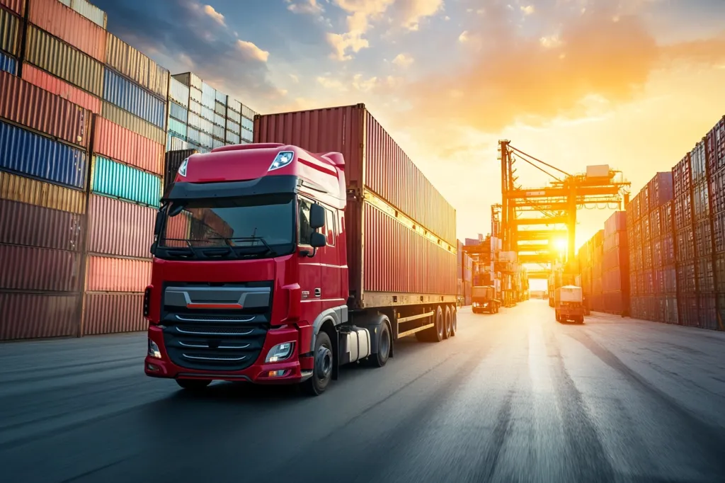 A red semi-trailer truck drives through a container yard at sunset. The truck is hauling a load of shipping containers and is passing by a row of stacked containers on either side. The sun is setting in the background, casting a golden glow over the scene. A large crane is visible in the background, working to move containers. The scene depicts the busy activity of a shipping port.