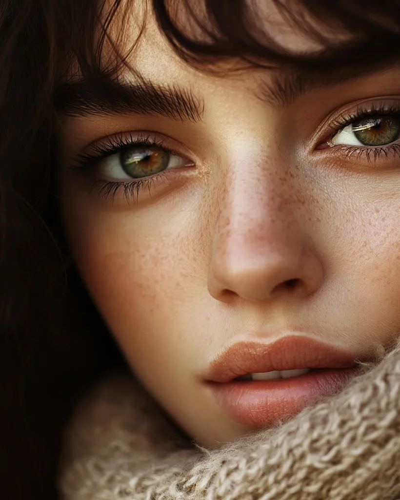A close-up portrait of a young woman with long brown hair. Her face is soft and features freckles. She is looking down and her brown eyes are visible. Her lips are full and slightly parted, and her nose is straight and thin. She is wearing a brown knitted scarf. The image is soft and warm, with a focus on the beauty of the woman's face.