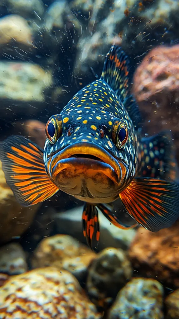 A close-up of a fish with bright orange and black fins and a blue and yellow spotted body. The fish is swimming in clear water and its eyes are focused on the camera. The background is blurry and features rocks and a blue and green mottled effect.  The fish's mouth is slightly open.  The water is clear with tiny bubbles and particles floating around the fish.