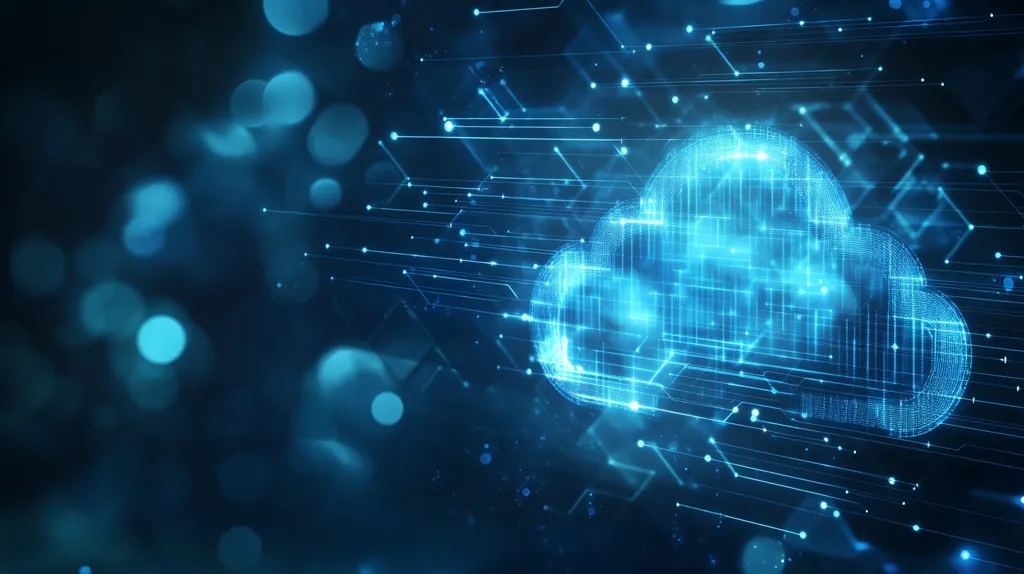 A glowing blue cloud icon with a network of lines and dots around it, against a blue background with bokeh lights. The image is likely a representation of cloud computing and its interconnectedness. The image is abstract and stylized, highlighting the digital nature of the concept.