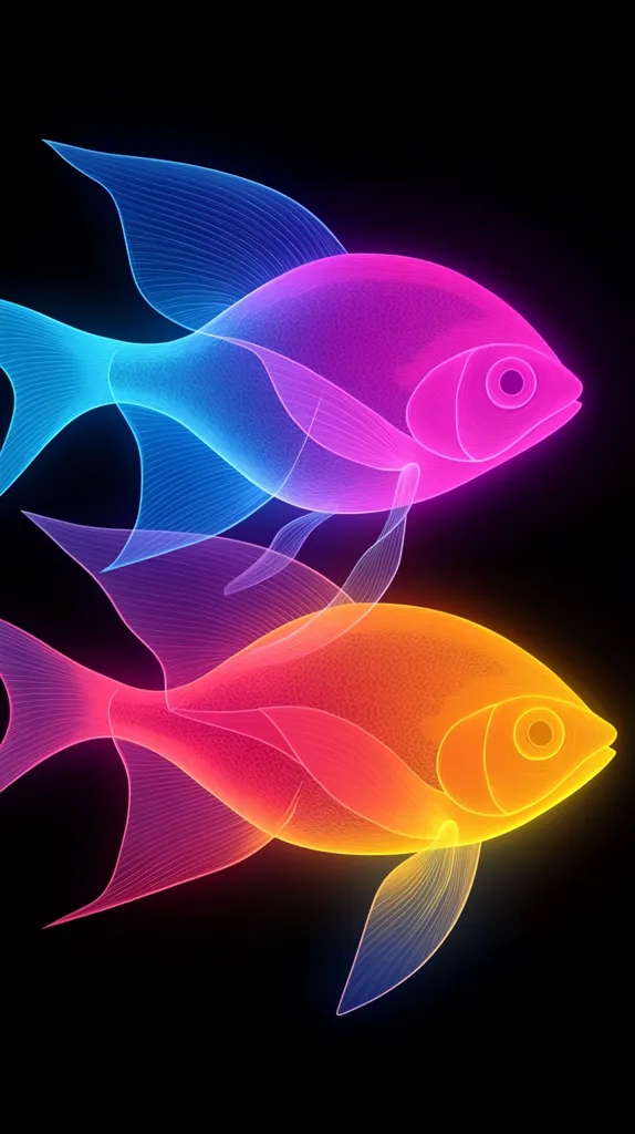 Two neon fish, one blue and pink and the other orange and red, are depicted against a black background. The fish are drawn in a line art style and have a translucent appearance. The vibrant colors create a striking contrast against the dark background. The image is simple yet captivating, highlighting the beauty of color and form.