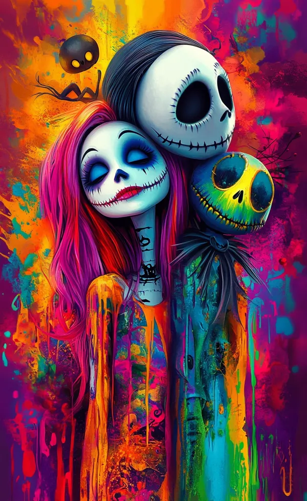 The image depicts a colorful, abstract interpretation of Jack Skellington and Sally from "The Nightmare Before Christmas".  Jack's face is a pale blue with black stitching, while Sally's face is a peachy-pink with a dark blue skull. Both have large, expressive eyes. The background is a vibrant explosion of color, with splashes of red, orange, yellow, green, blue, and purple. The overall effect is whimsical and spooky, capturing the spirit of the beloved film.