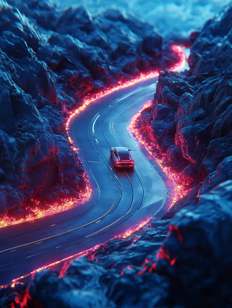 A sleek black car drives along a winding road that snakes its way through a rocky, otherworldly landscape. The road is lined with a glowing, neon red energy that seems to pulse with life. The car appears to be speeding through a futuristic and fantastical environment, creating a sense of mystery and adventure. The image is dominated by deep blues and purples, with pops of vibrant red energy, highlighting the contrast between the dark surroundings and the bright, glowing light.