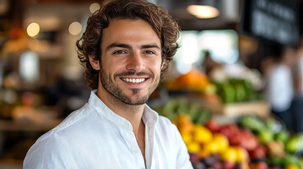 A young man with curly brown hair and a beard smiles brightly at the camera. He is wearing a white shirt and standing in front of a blurry background of a fruit stand with a variety of colorful produce. The man's friendly expression and the vibrant colors of the fruit create a cheerful and inviting atmosphere.