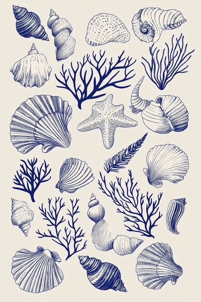 The image is a collection of hand-drawn illustrations of seashells, starfish, and sea plants. The detailed drawings are in blue ink on a cream background, creating a vintage aesthetic. The various shapes and textures of the seashells are emphasized, showcasing the beauty of the natural world. The sea plants add a touch of organic movement and depth to the composition.