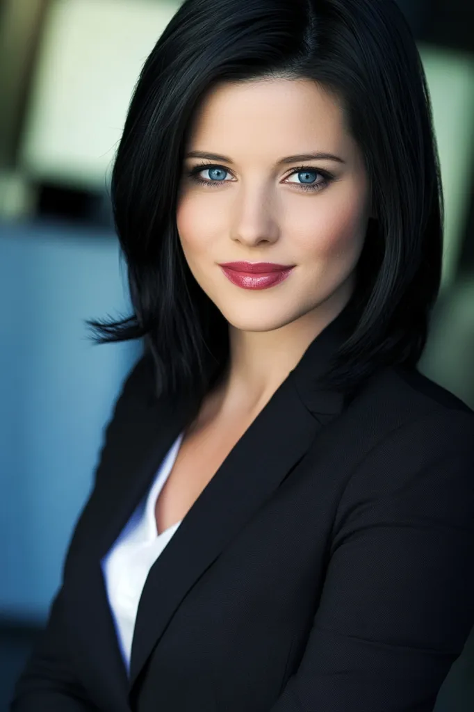 The image shows a woman with long black hair, wearing a black blazer over a white shirt. She has blue eyes and red lipstick. She is smiling softly, looking directly at the viewer.  She appears confident and professional. The background is blurred, focusing attention on her.