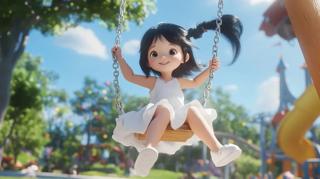 A cartoon girl with long black hair, wearing a white dress, smiles brightly as she swings high on a chain swing in a park. The background features a blur of green trees, a blue sky, and a colorful playground with a slide. The overall image evokes a sense of childhood joy and carefree fun.