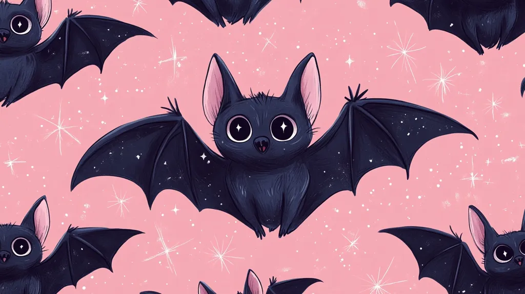 The image is a pink background with cute black bats with big eyes flying. The bats are cartoon-like and have adorable faces. The background is dotted with white stars.  It's a sweet, whimsical image that is perfect for Halloween or any other occasion.