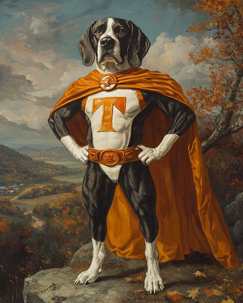 A black and white dog, dressed as a superhero, stands on a rocky cliff, overlooking a valley. He wears an orange cape, a white suit with a large orange "T" on the chest, and a golden belt with a star. His expression is serious and determined, as if he is ready to protect the world. The painting is set against a backdrop of a cloudy sky and autumn foliage.  The dog's muscular body suggests that he is a powerful hero, able to withstand any challenge.