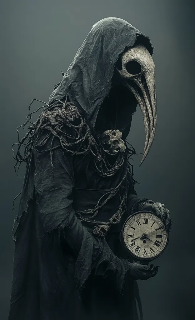 A shadowy figure cloaked in black, with a skeletal mask resembling a bird's head and a long, pointed beak.  The figure wears a tattered cloak, its surface covered in what appears to be dried vines or moss. The figure holds a clock, suggesting a connection to time and mortality. The image has an eerie, unsettling atmosphere, hinting at themes of death and the passage of time.